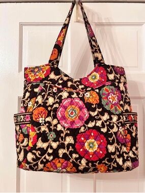 Vera Bradley Black Quilted Floral Tote with Multicolor Medallions
